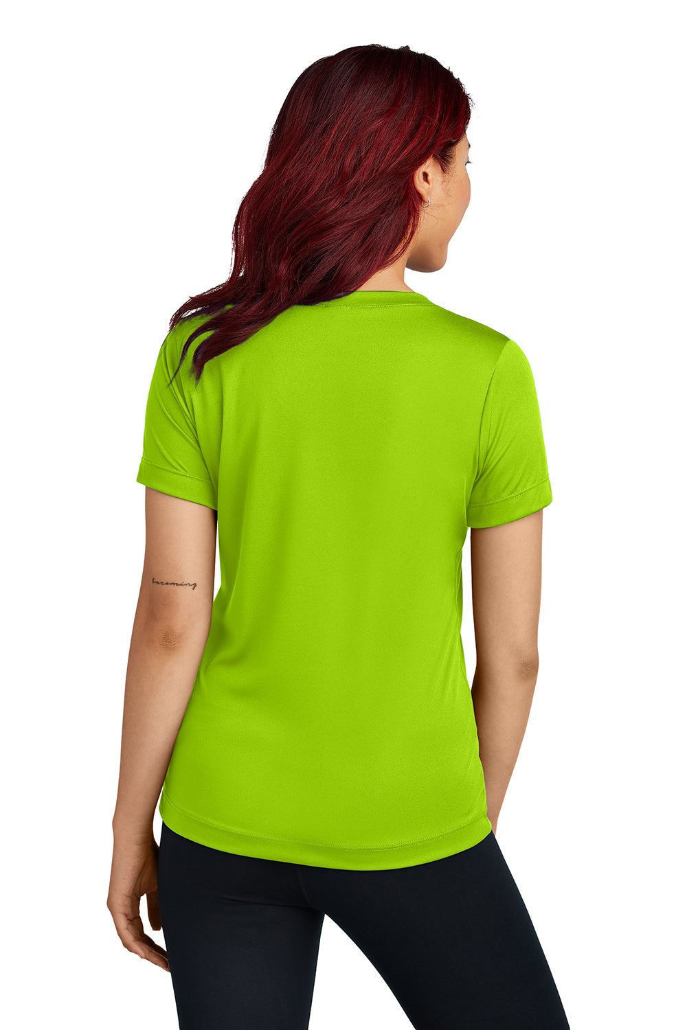 Sport-Tek LST353 Womens Competitor Moisture Wicking Short Sleeve V-Neck T-Shirt Lime Shock Green Model Back