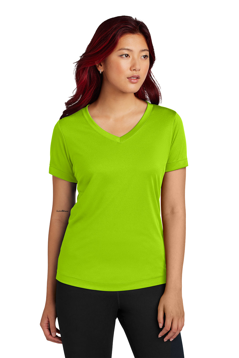 Sport-Tek LST353 Womens Competitor Moisture Wicking Short Sleeve V-Neck T-Shirt Lime Shock Green Model Front