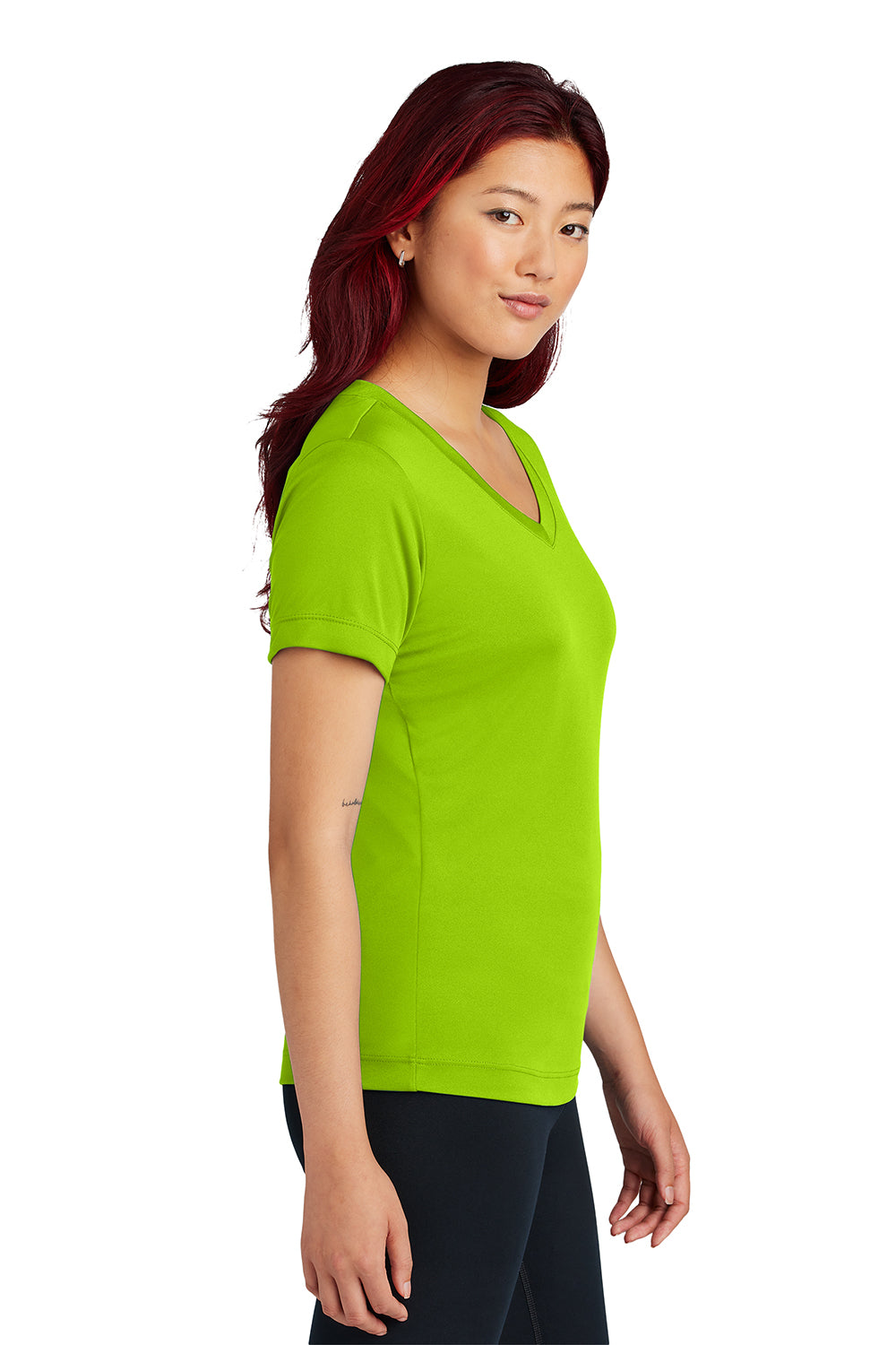 Sport-Tek LST353 Womens Competitor Moisture Wicking Short Sleeve V-Neck T-Shirt Lime Shock Green Model Side