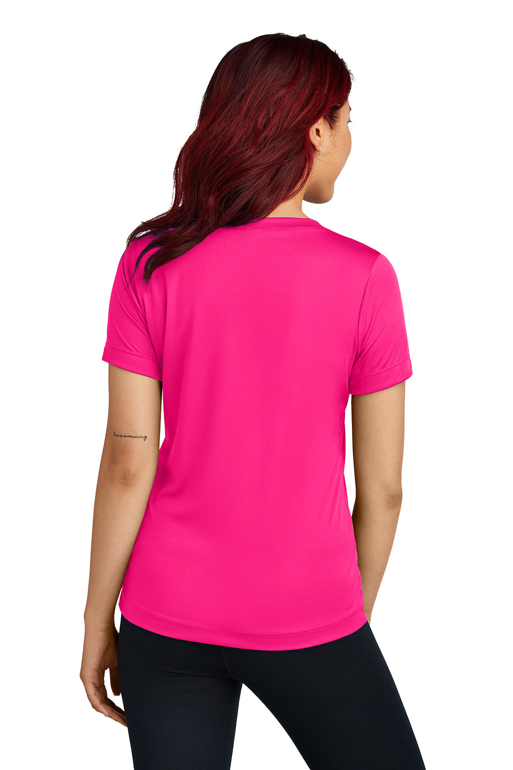 Sport-Tek LST353 Womens Competitor Moisture Wicking Short Sleeve V-Neck T-Shirt Raspberry Pink Model Back