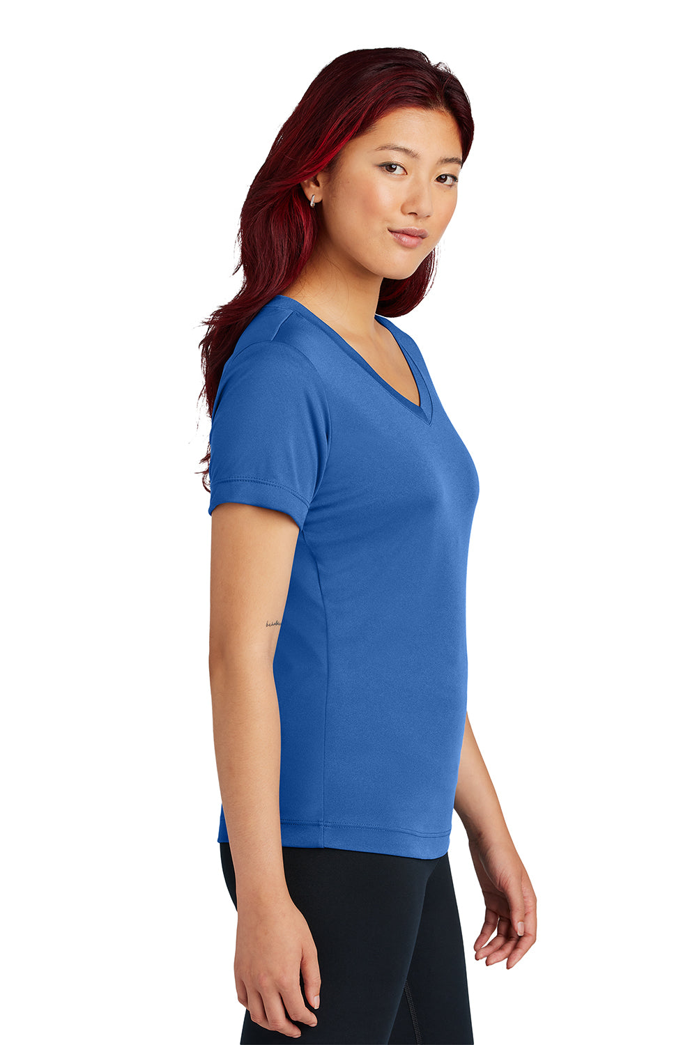 Sport-Tek LST353 Womens Competitor Moisture Wicking Short Sleeve V-Neck T-Shirt True Royal Blue Model Side