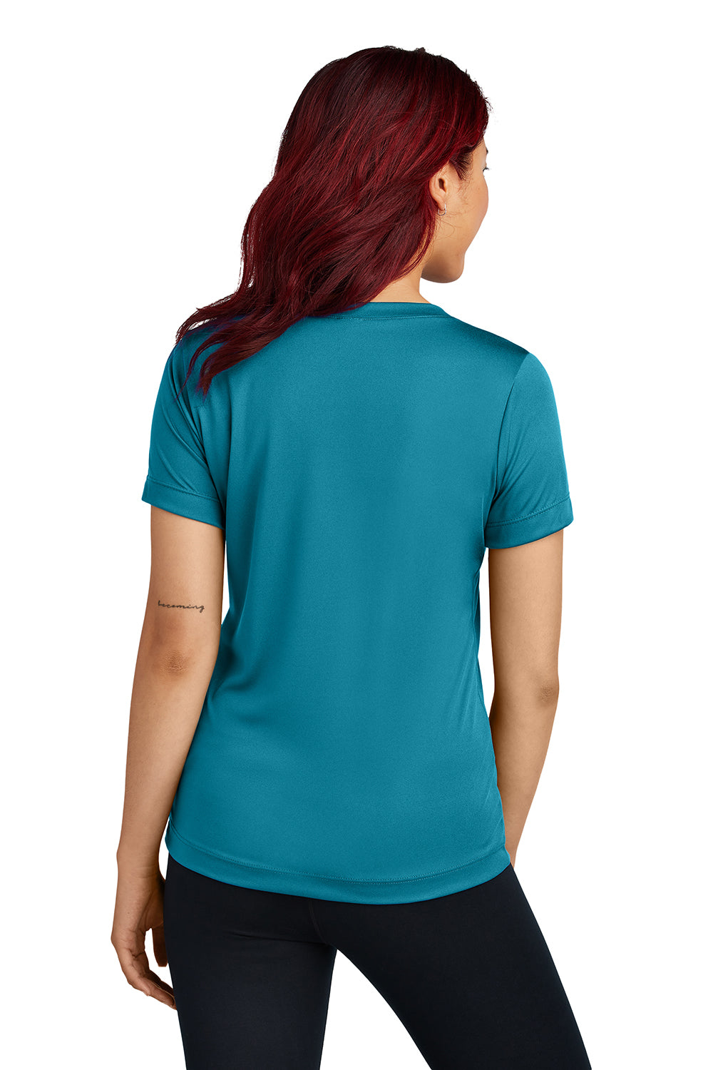 Sport-Tek LST353 Womens Competitor Moisture Wicking Short Sleeve V-Neck T-Shirt Tropic Blue Model Back