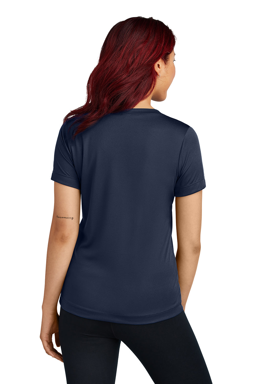 Sport-Tek LST353 Womens Competitor Moisture Wicking Short Sleeve V-Neck T-Shirt True Navy Blue Model Back