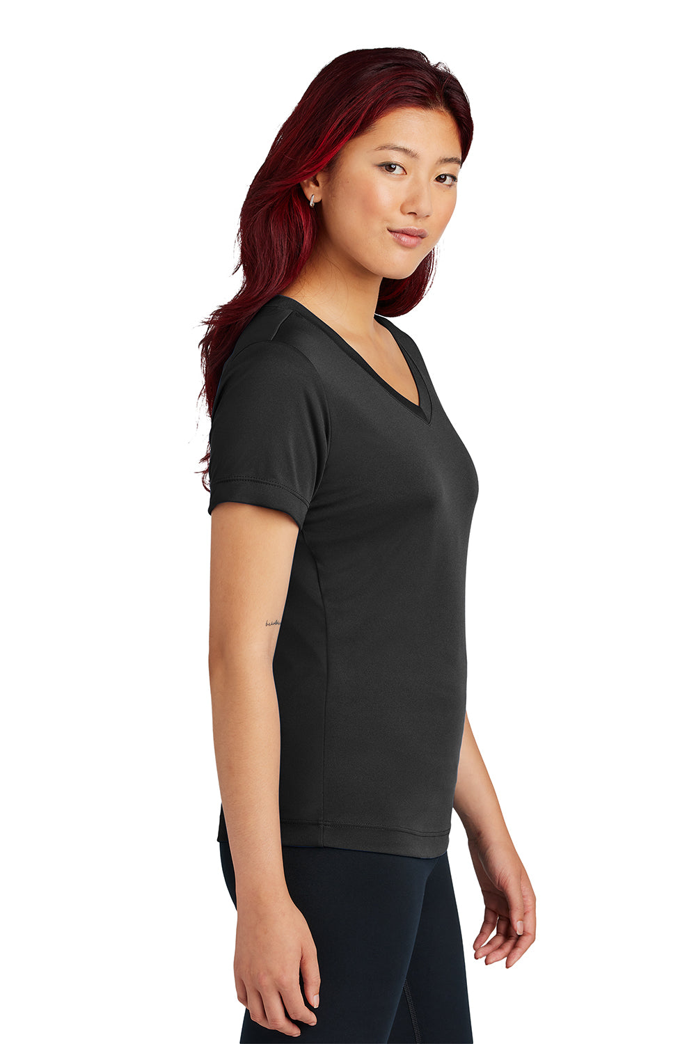 Sport-Tek LST353 Womens Competitor Moisture Wicking Short Sleeve V-Neck T-Shirt Black Model Side