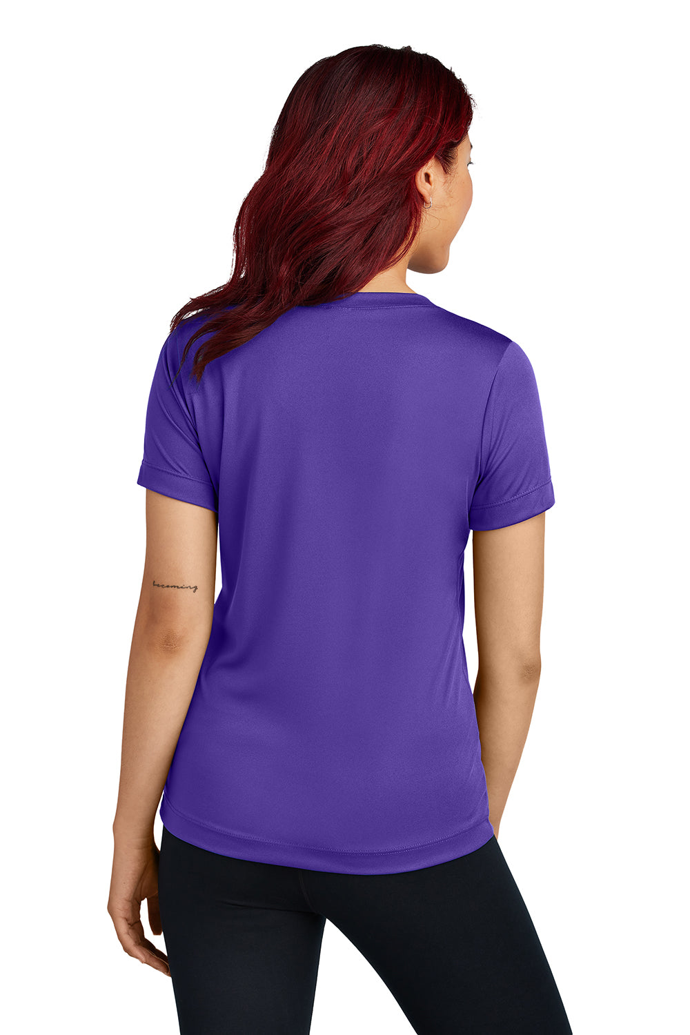 Sport-Tek LST353 Womens Competitor Moisture Wicking Short Sleeve V-Neck T-Shirt Purple Model Back