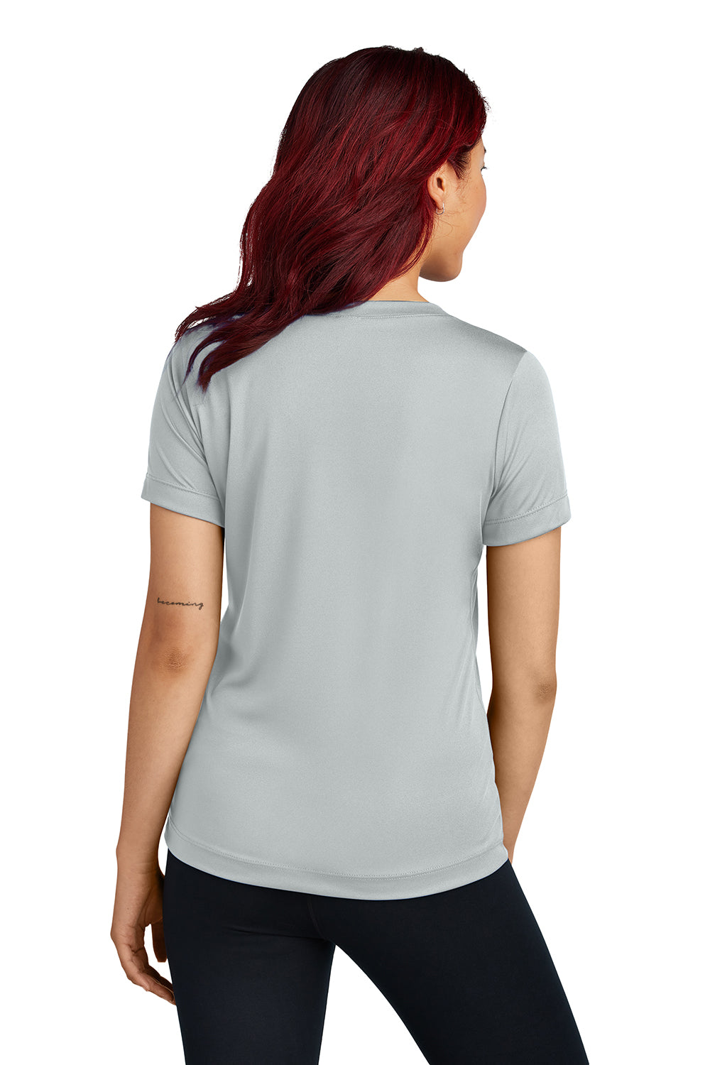 Sport-Tek LST353 Womens Competitor Moisture Wicking Short Sleeve V-Neck T-Shirt Silver Grey Model Back