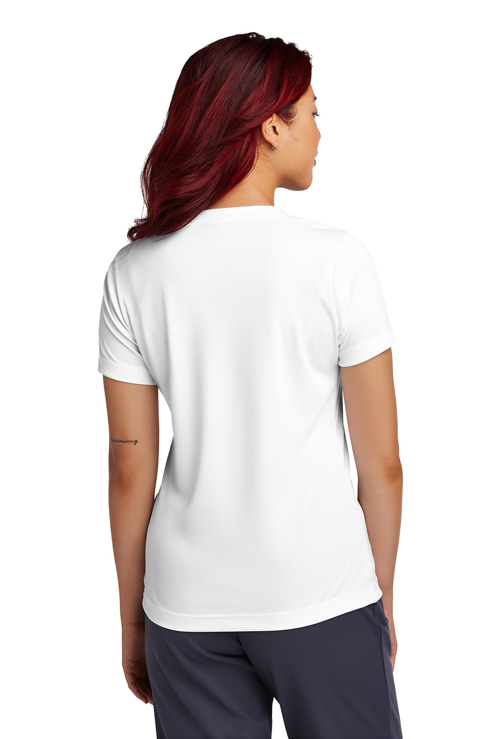 Sport-Tek LST353 Womens Competitor Moisture Wicking Short Sleeve V-Neck T-Shirt White Model Back