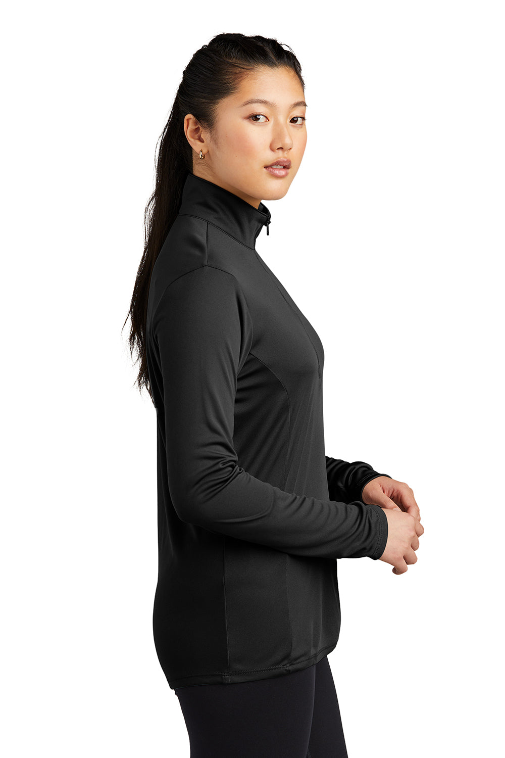 Sport-Tek LST357 Womens Competitor Moisture Wicking 1/4 Zip Sweatshirt Black Model Side