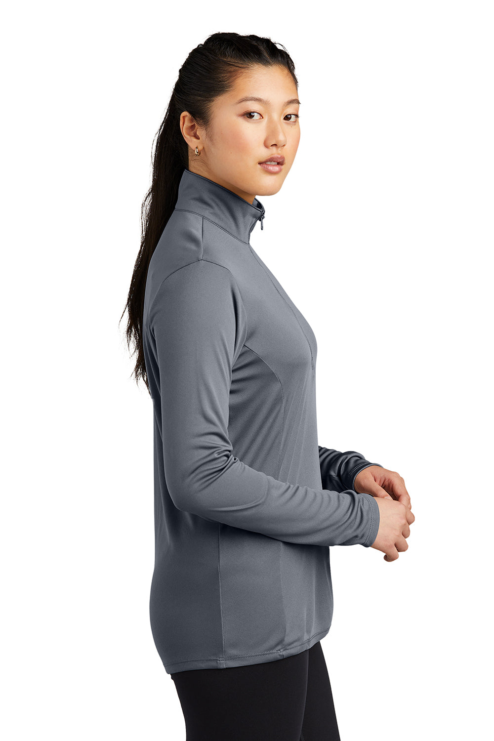 Sport-Tek LST357 Womens Competitor Moisture Wicking 1/4 Zip Sweatshirt Concrete Grey Model Side