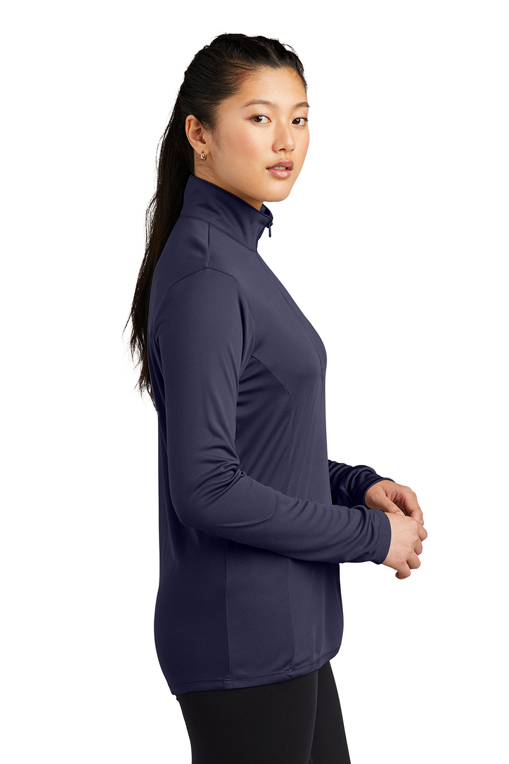 Sport-Tek LST357 Womens Competitor Moisture Wicking 1/4 Zip Sweatshirt True Navy Blue Model Side