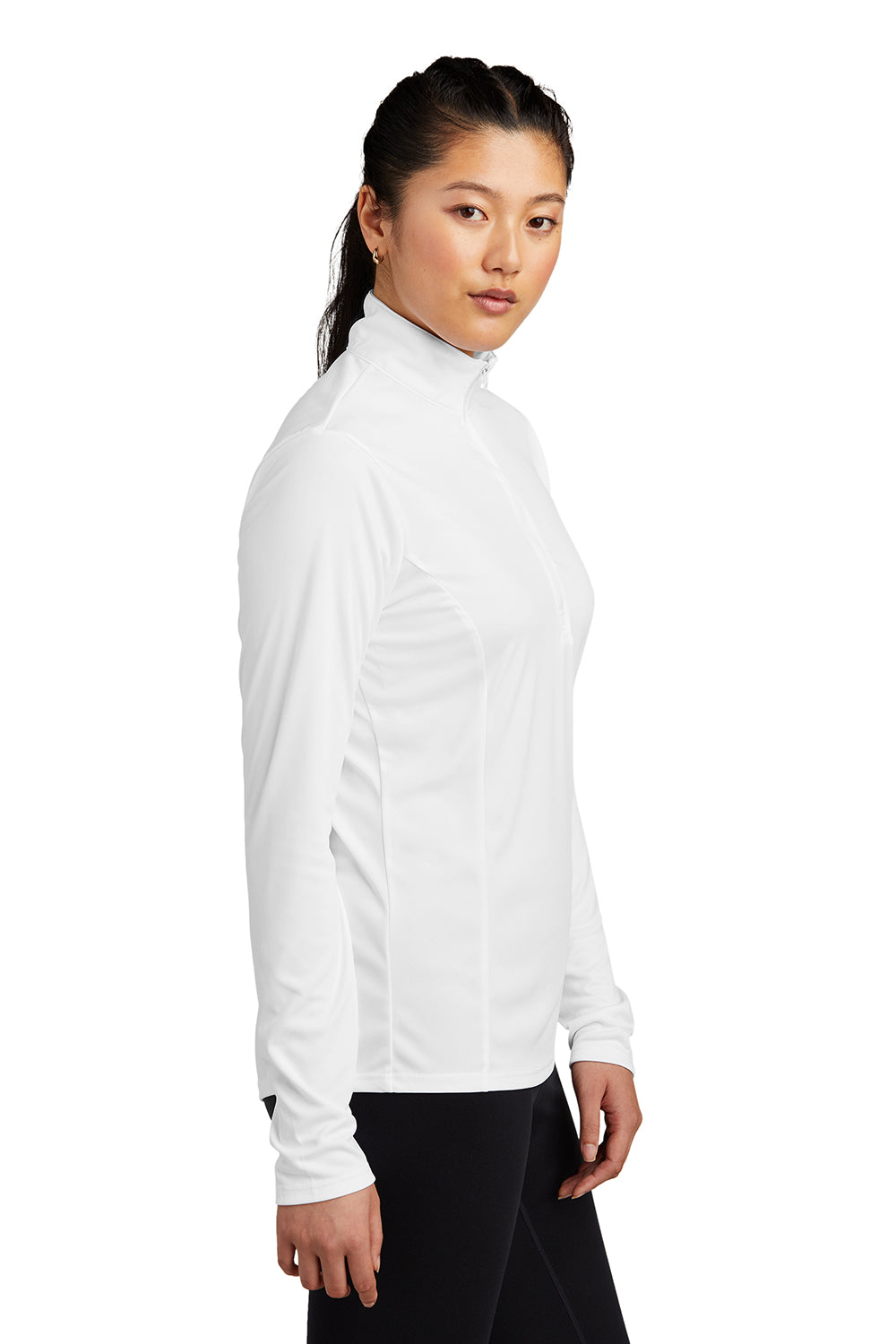 Sport-Tek LST357 Womens Competitor Moisture Wicking 1/4 Zip Sweatshirt White Model Side