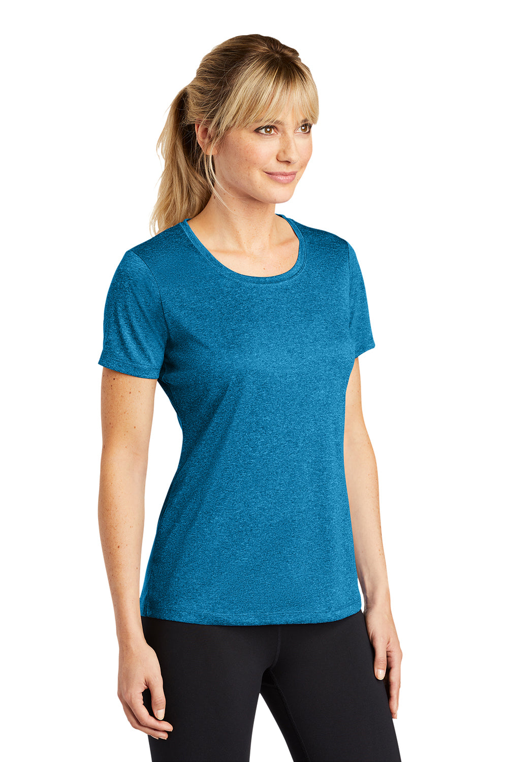 Sport-Tek LST360 Womens Contender Heather Moisture Wicking Short Sleeve Crewneck T-Shirt Heather Blue Wake Model 3q