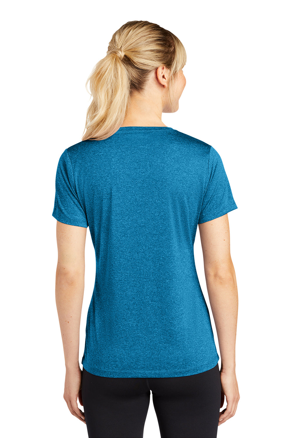 Sport-Tek LST360 Womens Contender Heather Moisture Wicking Short Sleeve Crewneck T-Shirt Heather Blue Wake Model Back