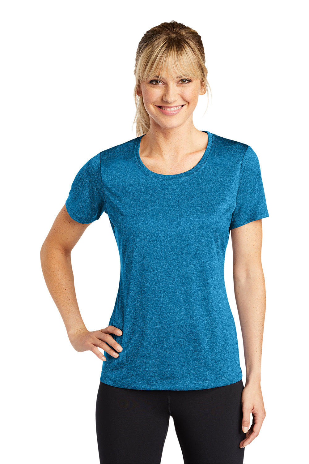 Sport-Tek LST360 Womens Contender Heather Moisture Wicking Short Sleeve Crewneck T-Shirt Heather Blue Wake Model Front