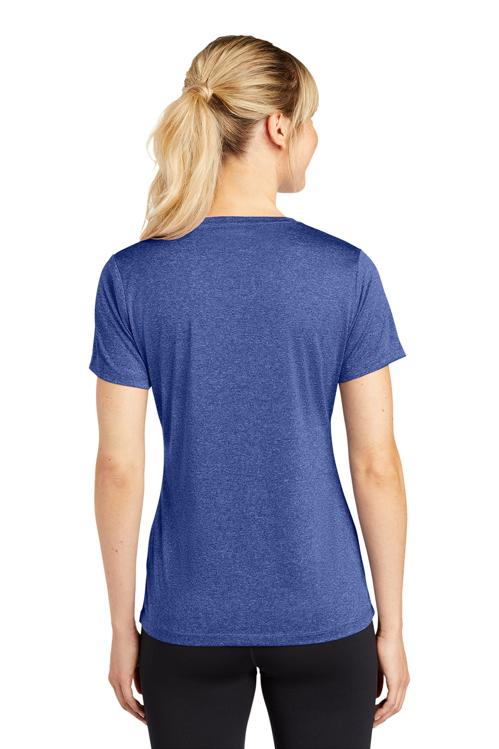 Sport-Tek LST360 Womens Contender Heather Moisture Wicking Short Sleeve Crewneck T-Shirt Heather Cobalt Blue Model Back