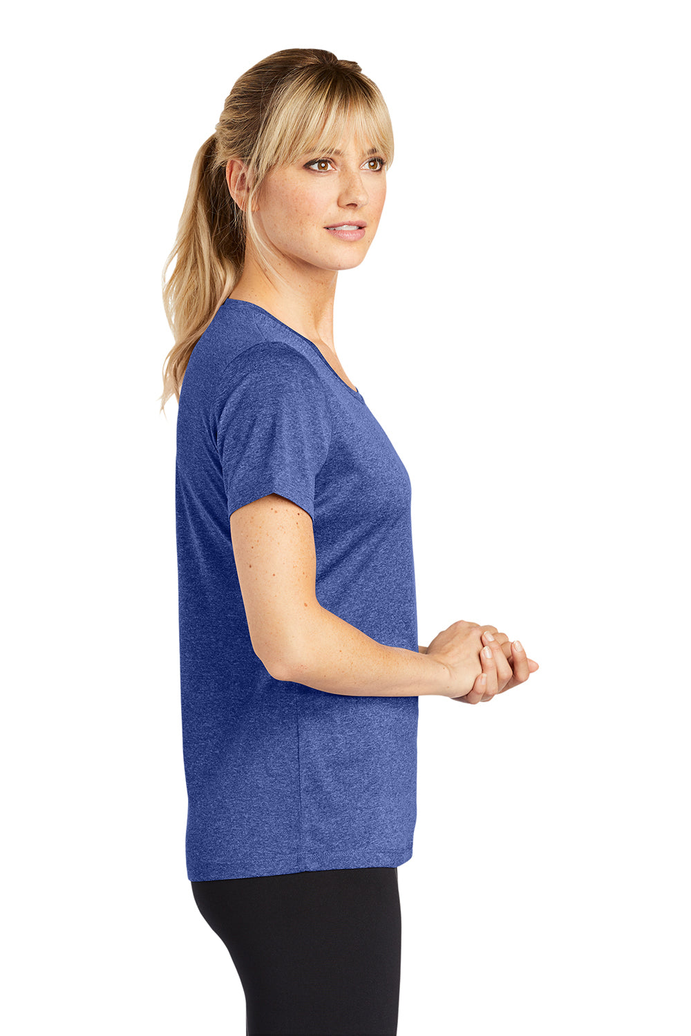 Sport-Tek LST360 Womens Contender Heather Moisture Wicking Short Sleeve Crewneck T-Shirt Heather Cobalt Blue Model Side