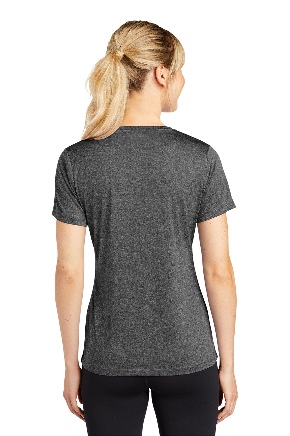 Sport-Tek LST360 Womens Contender Heather Moisture Wicking Short Sleeve Crewneck T-Shirt Heather Graphite Grey Model Back