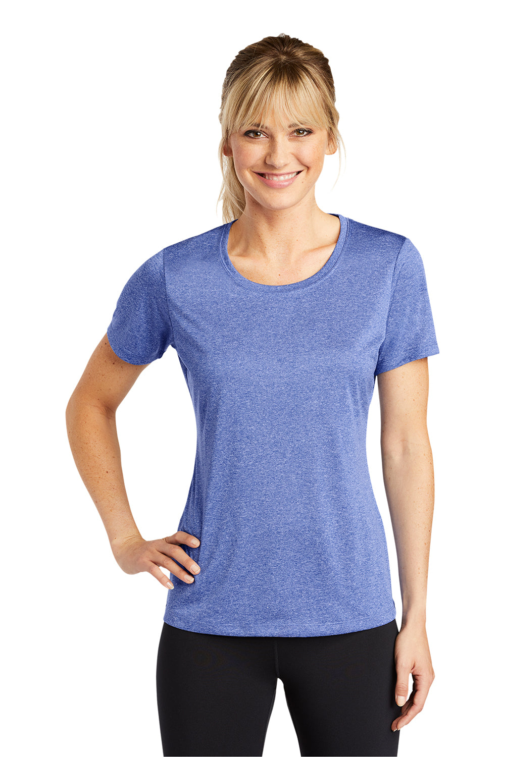 Sport-Tek LST360 Womens Contender Heather Moisture Wicking Short Sleeve Crewneck T-Shirt Heather True Royal Blue Model Front