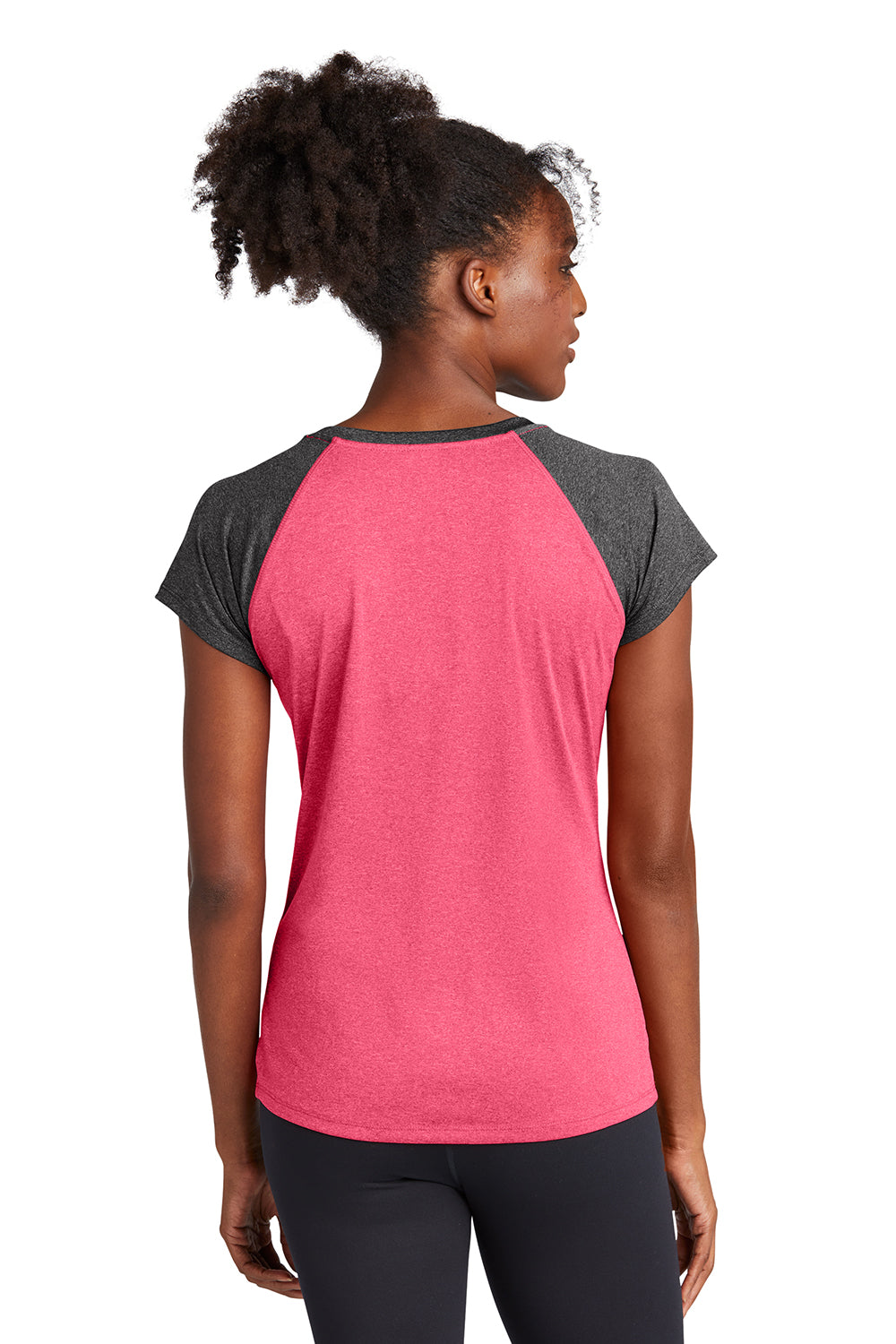 Sport-Tek LST362 Womens Contender Heather Moisture Wicking Short Sleeve Wide Neck T-Shirt Heather Raspberry Pink/Heather Graphite Grey Model Back