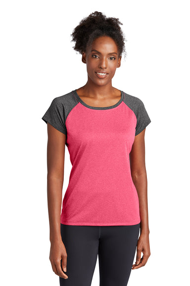 Sport-Tek LST362 Womens Contender Heather Moisture Wicking Short Sleeve Wide Neck T-Shirt Heather Raspberry Pink/Heather Graphite Grey Model Front