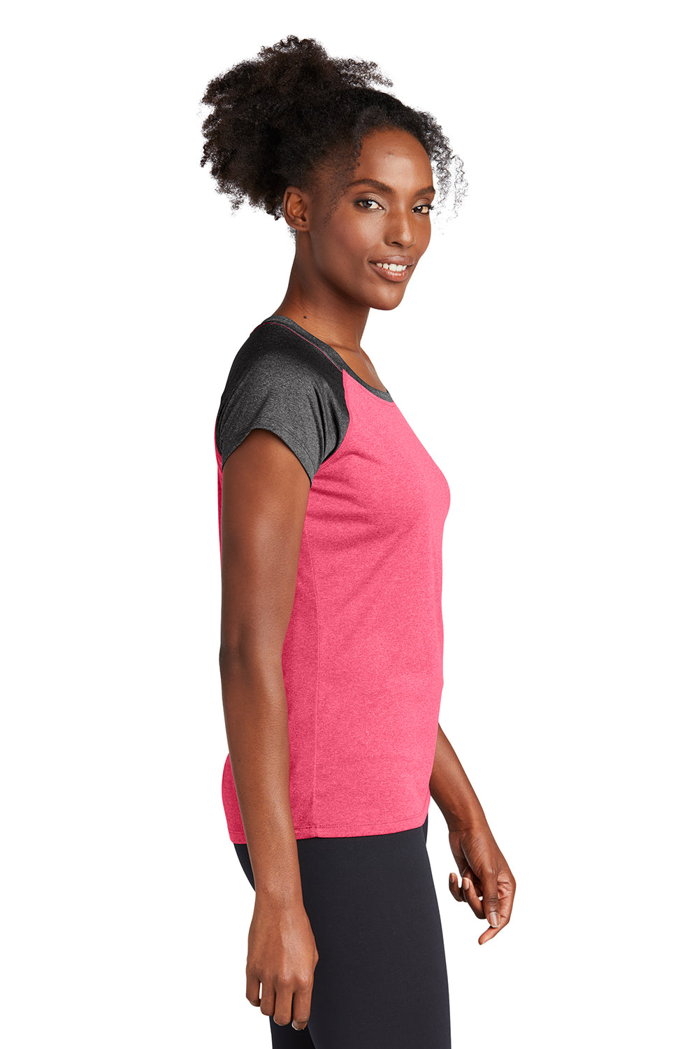 Sport-Tek LST362 Womens Contender Heather Moisture Wicking Short Sleeve Wide Neck T-Shirt Heather Raspberry Pink/Heather Graphite Grey Model Side