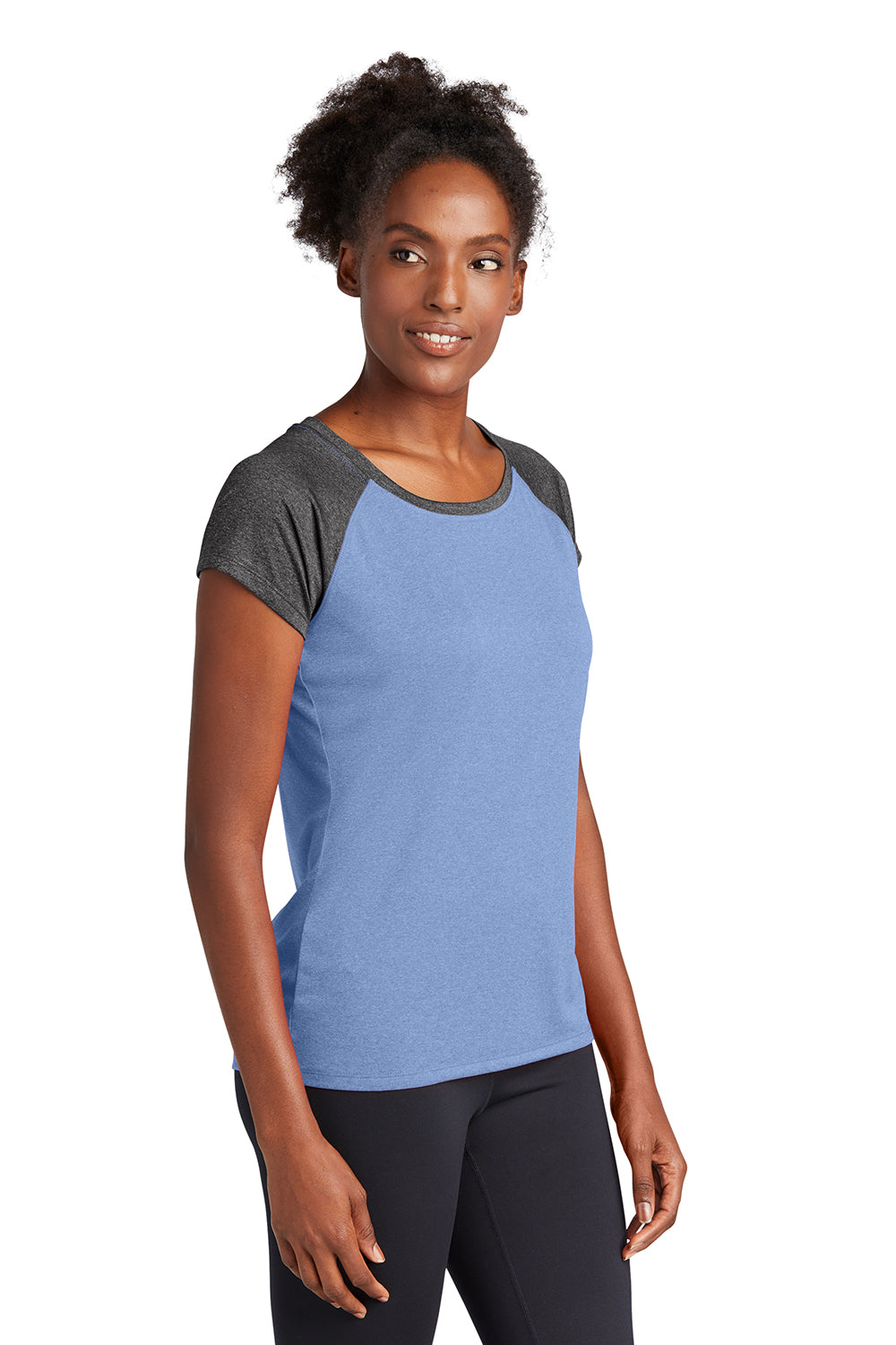 Sport-Tek LST362 Womens Contender Heather Moisture Wicking Short Sleeve Wide Neck T-Shirt Heather True Royal Blue/Heather Graphite Grey Model 3q