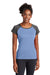 Sport-Tek LST362 Womens Contender Heather Moisture Wicking Short Sleeve Wide Neck T-Shirt Heather True Royal Blue/Heather Graphite Grey Model Front