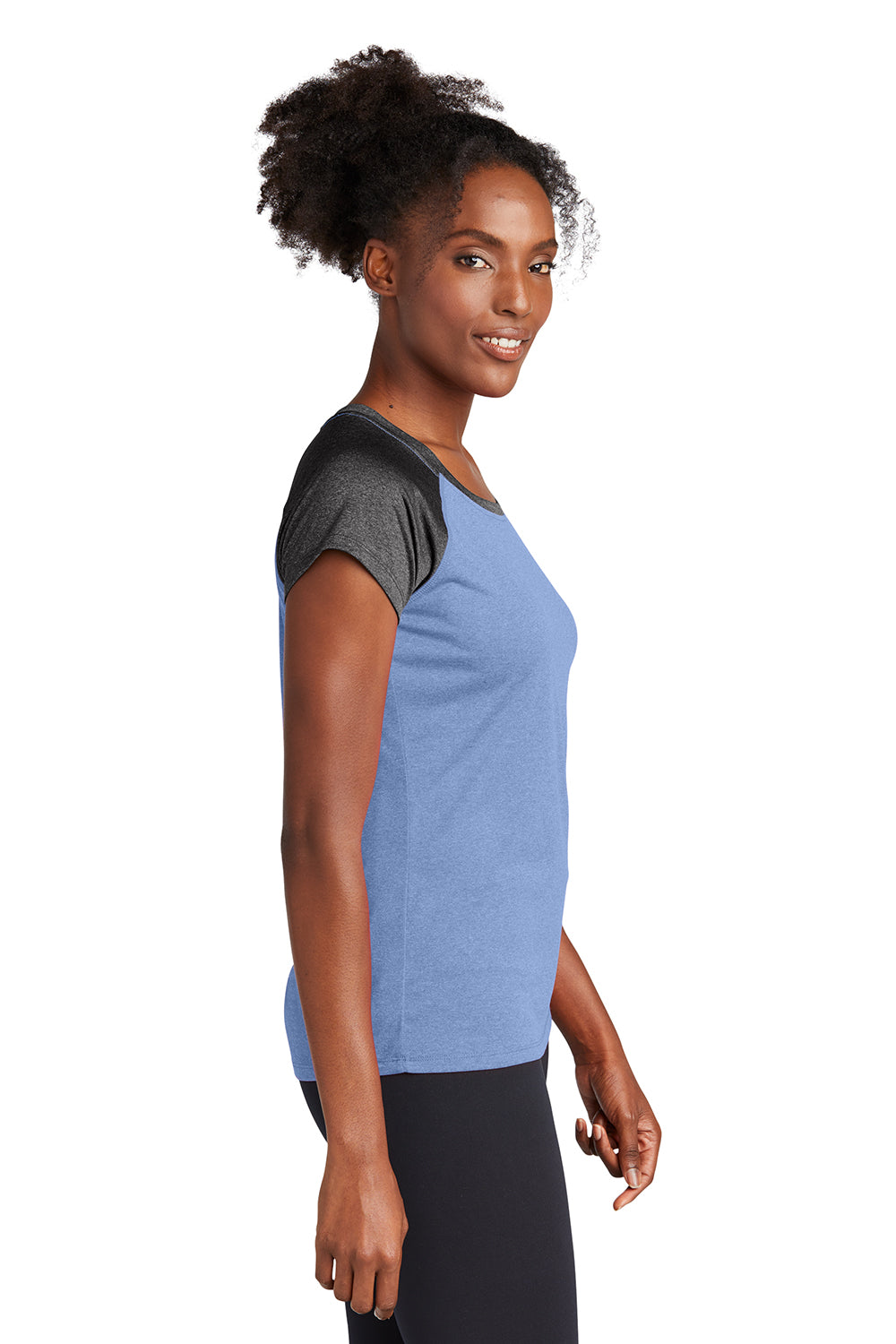 Sport-Tek LST362 Womens Contender Heather Moisture Wicking Short Sleeve Wide Neck T-Shirt Heather True Royal Blue/Heather Graphite Grey Model Side