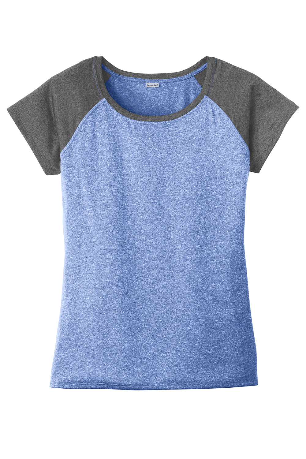 Sport-Tek LST362 Womens Contender Heather Moisture Wicking Short Sleeve Wide Neck T-Shirt Heather True Royal Blue/Heather Graphite Grey Flat Front