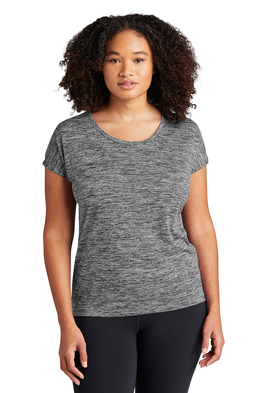 Sport-Tek LST390 Womens Electric Heather Moisture Wicking Short Sleeve Crewneck T-Shirt Grey Black Electric Model Front