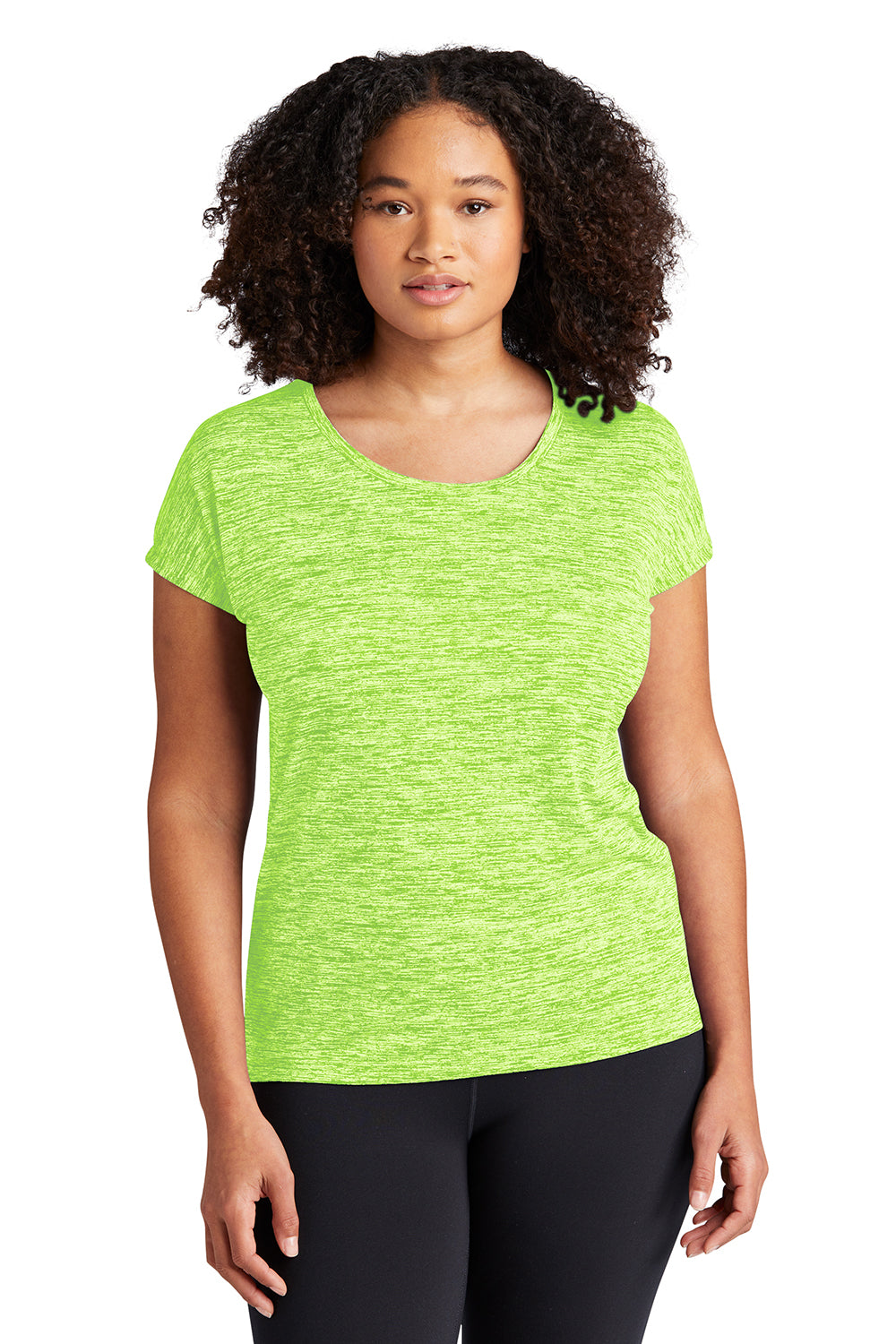 Sport-Tek LST390 Womens Electric Heather Moisture Wicking Short Sleeve Crewneck T-Shirt Lime Shock Green Electric Model Front