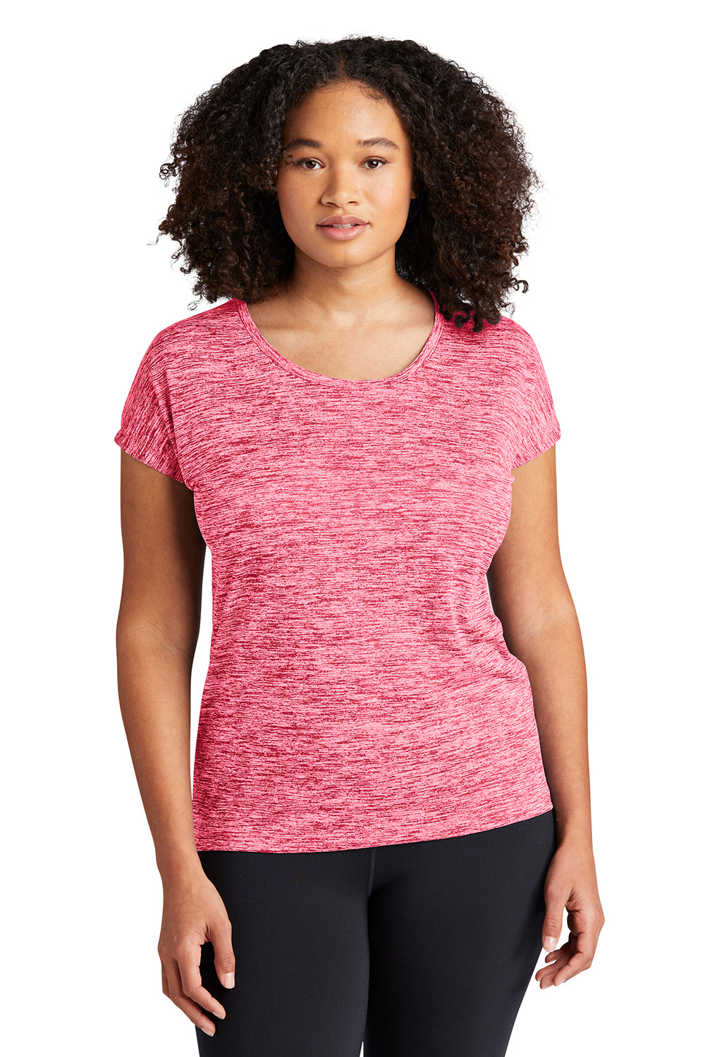 Sport-Tek LST390 Womens Electric Heather Moisture Wicking Short Sleeve Crewneck T-Shirt Power Pink Electric Model Front