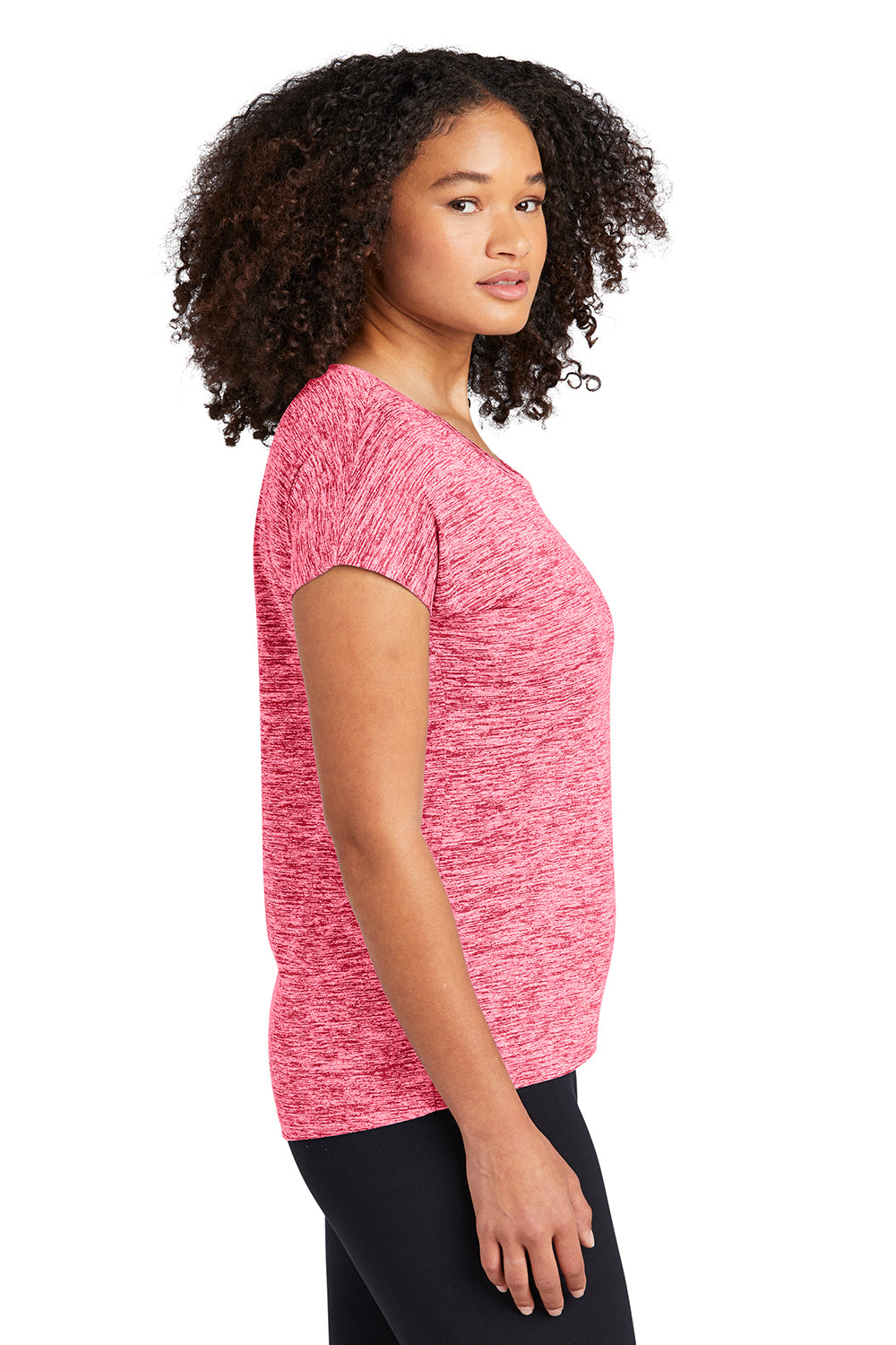 Sport-Tek LST390 Womens Electric Heather Moisture Wicking Short Sleeve Crewneck T-Shirt Power Pink Electric Model Side