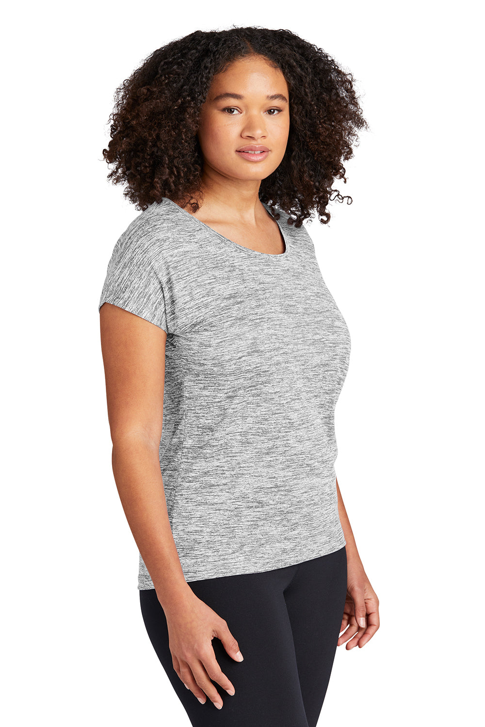 Sport-Tek LST390 Womens Electric Heather Moisture Wicking Short Sleeve Crewneck T-Shirt Silver Grey Model 3q