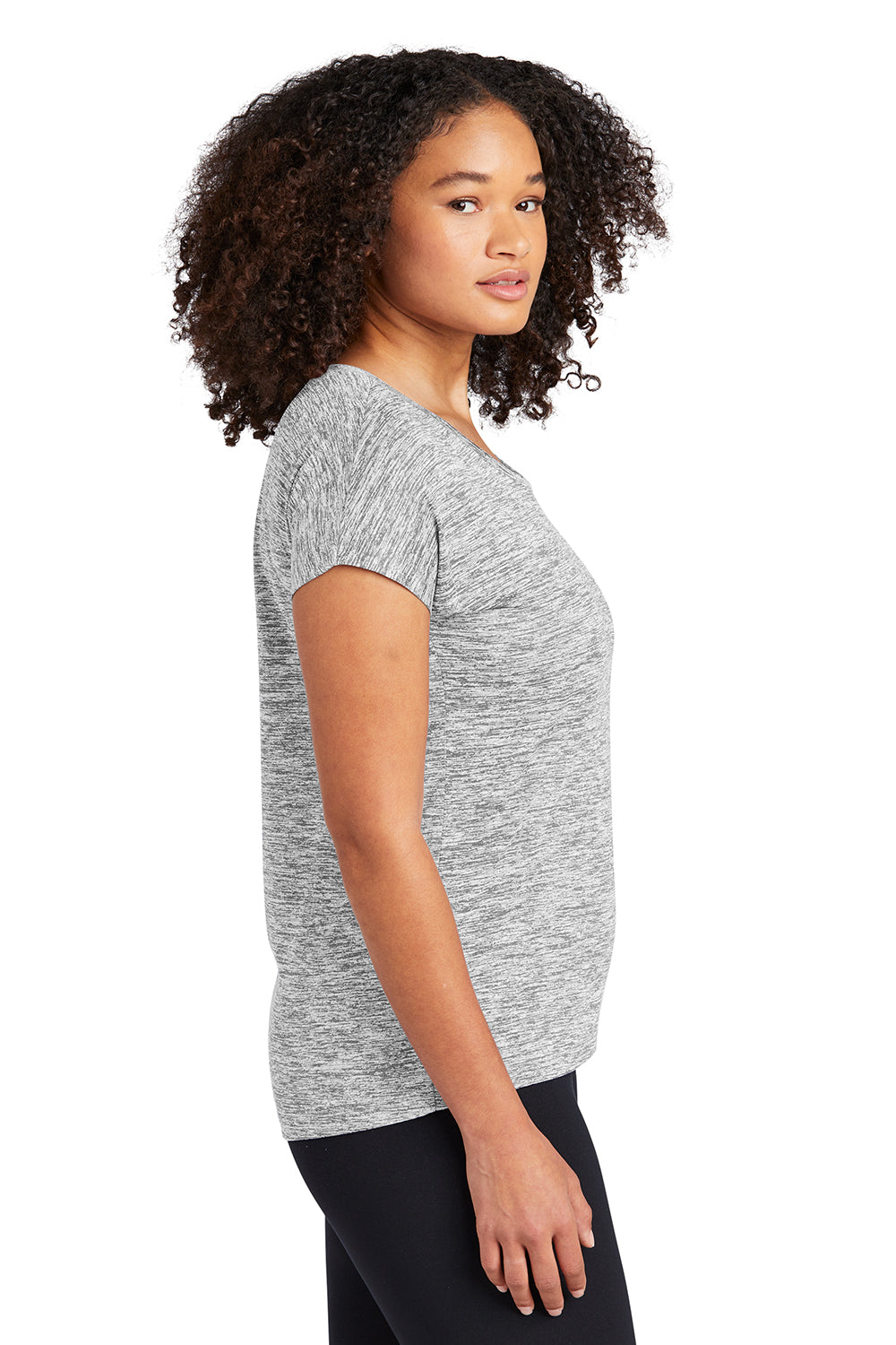 Sport-Tek LST390 Womens Electric Heather Moisture Wicking Short Sleeve Crewneck T-Shirt Silver Grey Model Side