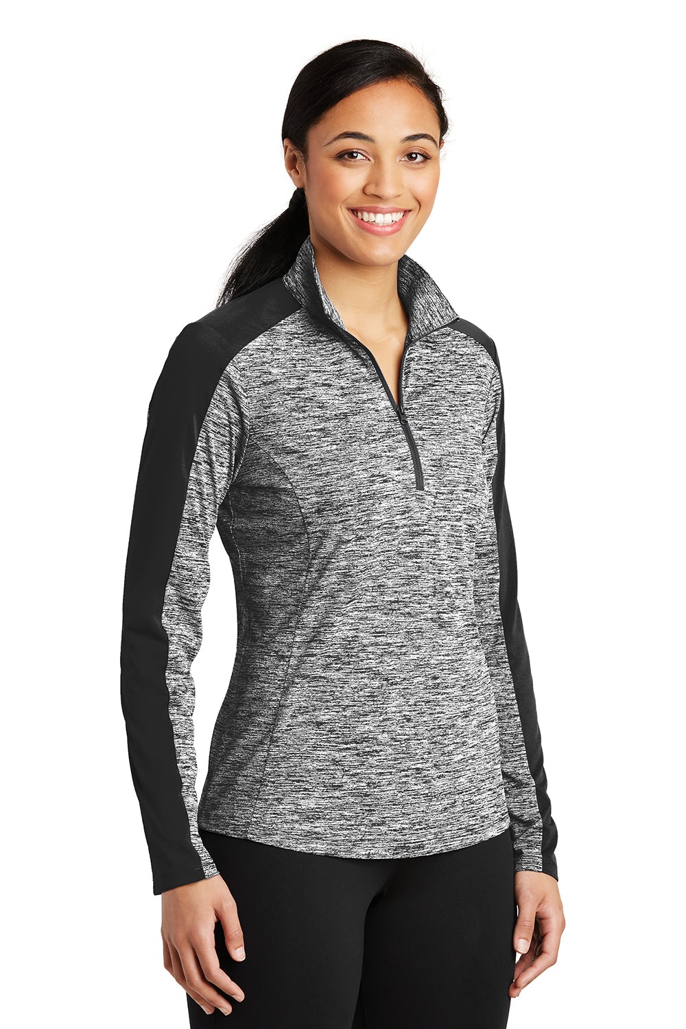 Sport-Tek LST397 Womens Electric Heather Moisture Wicking 1/4 Zip Sweatshirt Black Electric/Black Model 3q