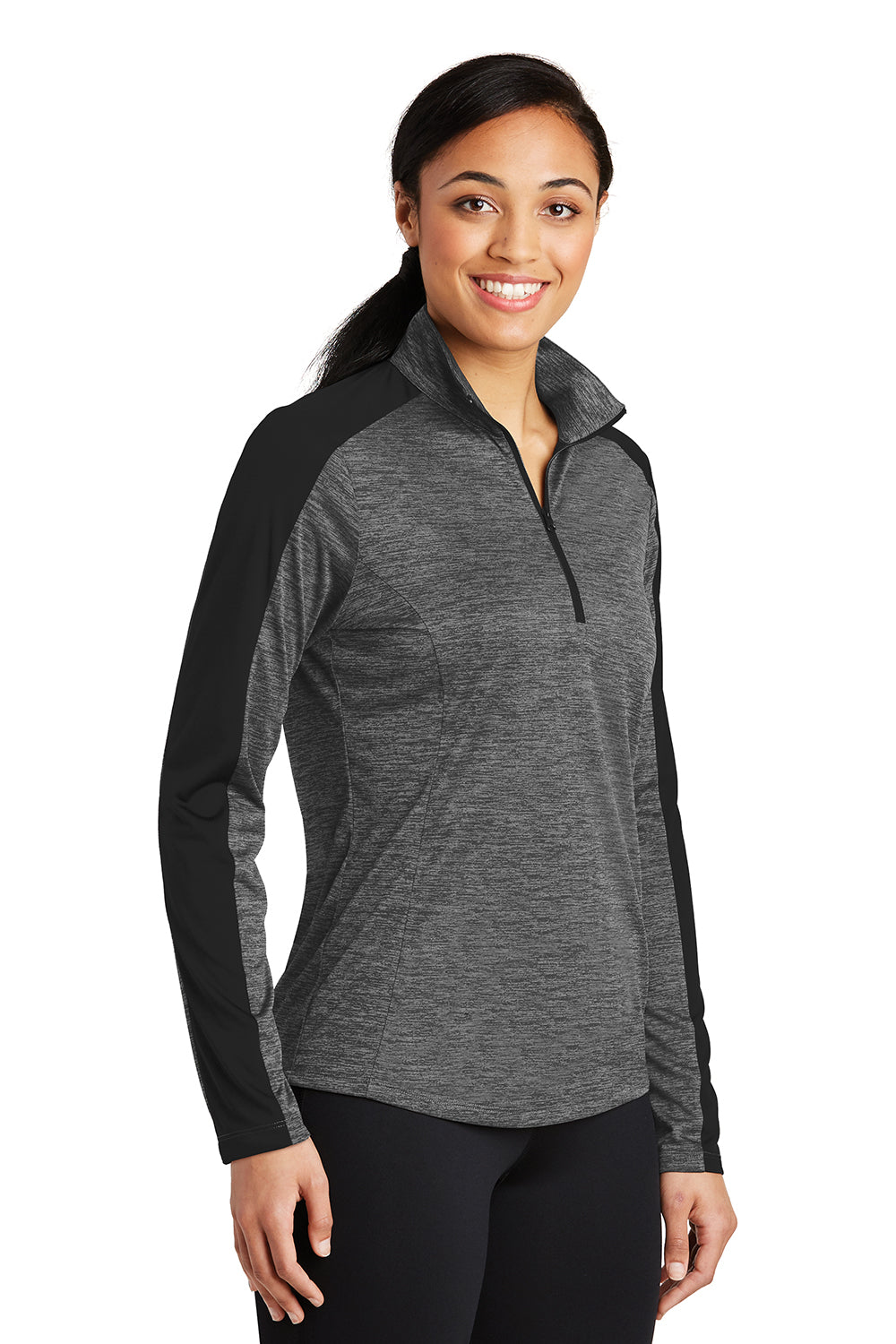 Sport-Tek LST397 Womens Electric Heather Moisture Wicking 1/4 Zip Sweatshirt Grey Black Electric/Black Model 3q