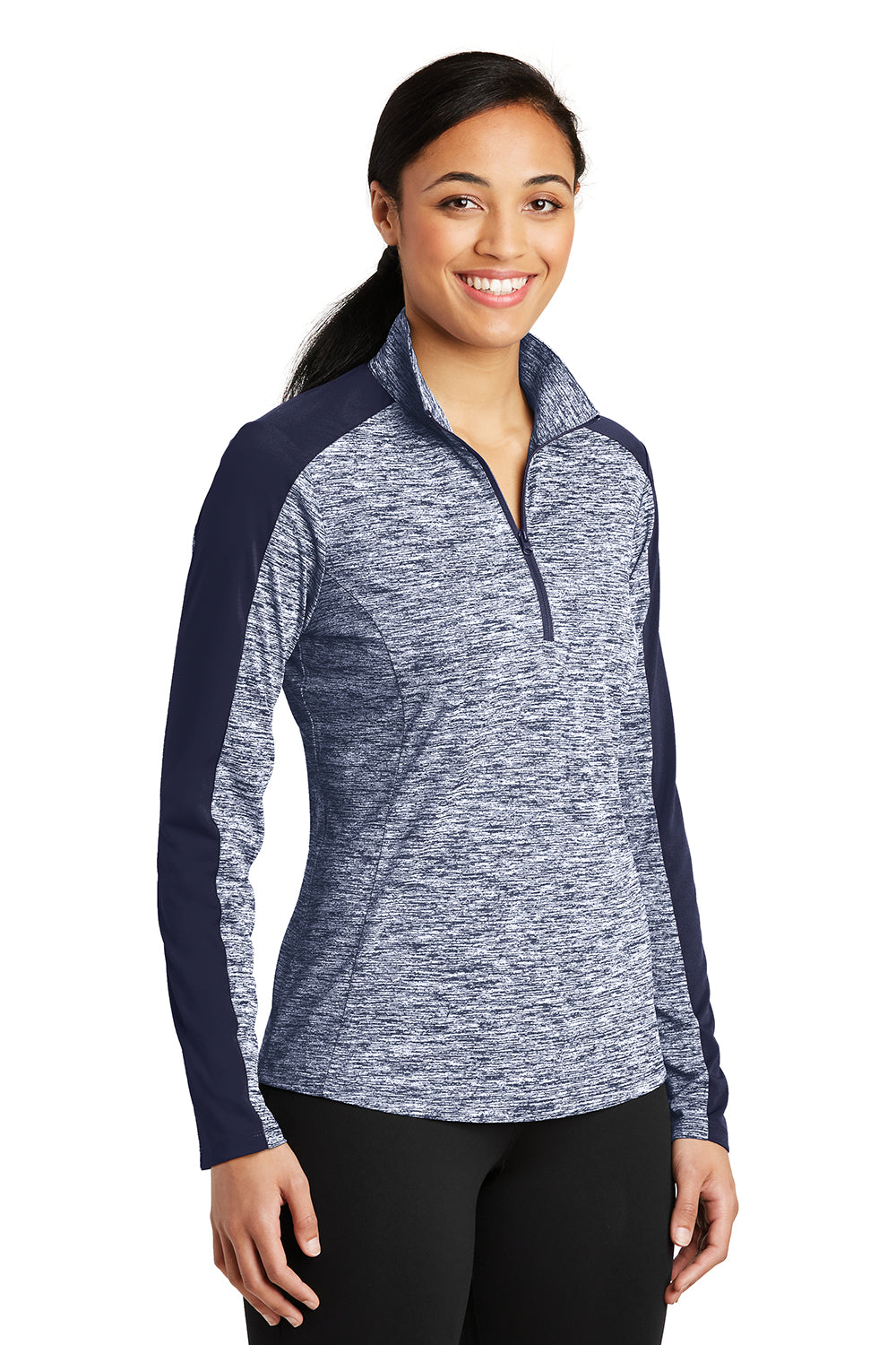 Sport-Tek LST397 Womens Electric Heather Moisture Wicking 1/4 Zip Sweatshirt True Navy Blue Electric/True Navy Blue Model 3q