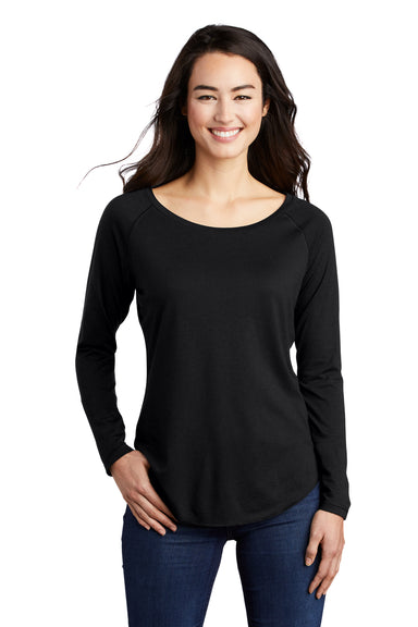 Sport-Tek LST400LS Womens Moisture Wicking Long Sleeve Scoop Neck T-Shirt Black Model Front