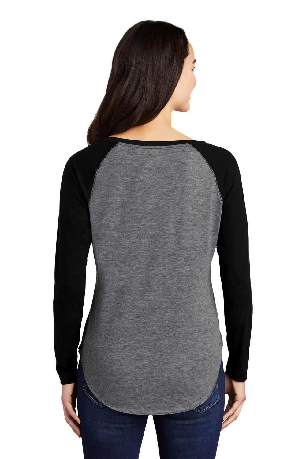 Sport-Tek LST400LS Womens Moisture Wicking Long Sleeve Scoop Neck T-Shirt Heather Dark Grey/Black Model Back