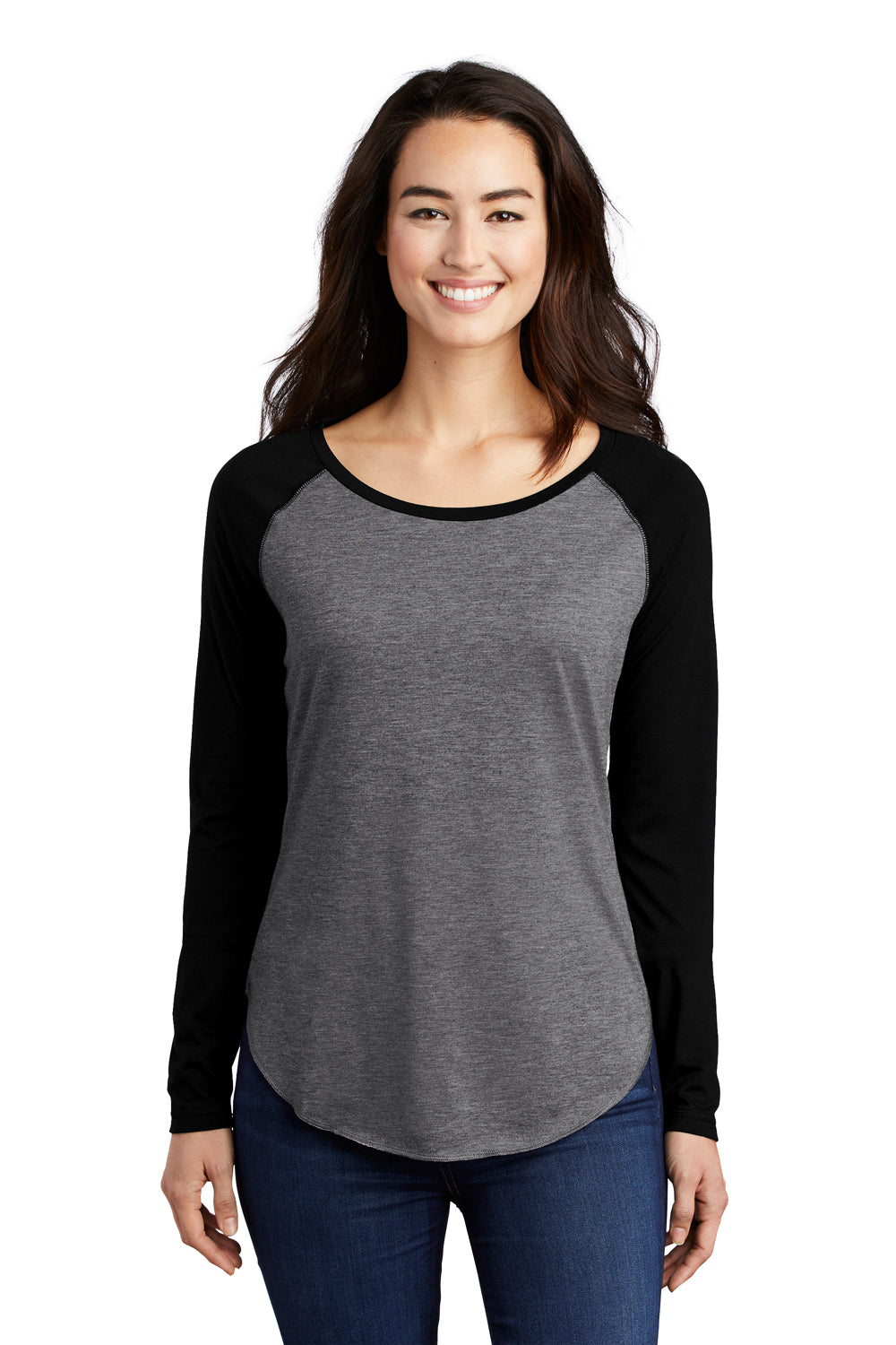 Sport-Tek LST400LS Womens Moisture Wicking Long Sleeve Scoop Neck T-Shirt Heather Dark Grey/Black Model Front