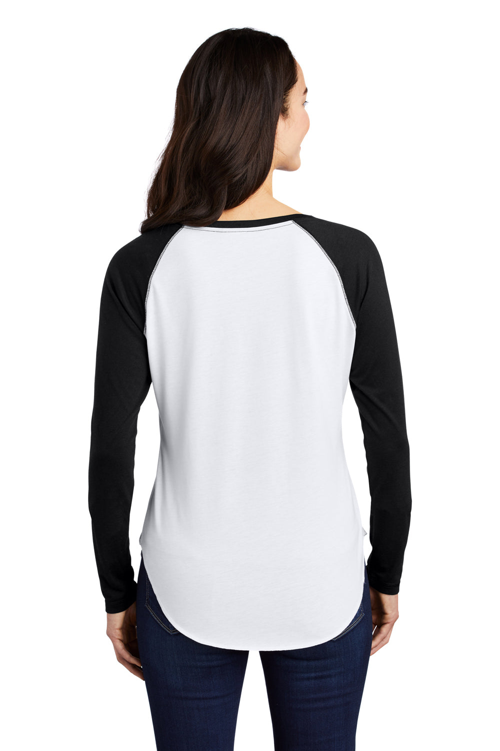 Sport-Tek LST400LS Womens Moisture Wicking Long Sleeve Scoop Neck T-Shirt White/Black Model Back