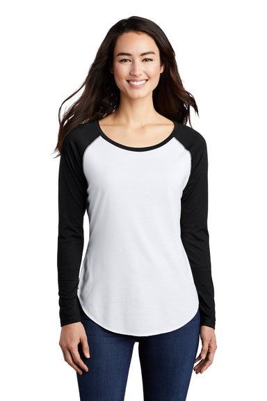 Sport-Tek LST400LS Womens Moisture Wicking Long Sleeve Scoop Neck T-Shirt White/Black Model Front