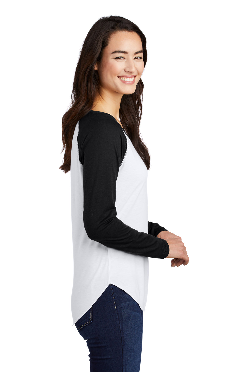 Sport-Tek LST400LS Womens Moisture Wicking Long Sleeve Scoop Neck T-Shirt White/Black Model Side