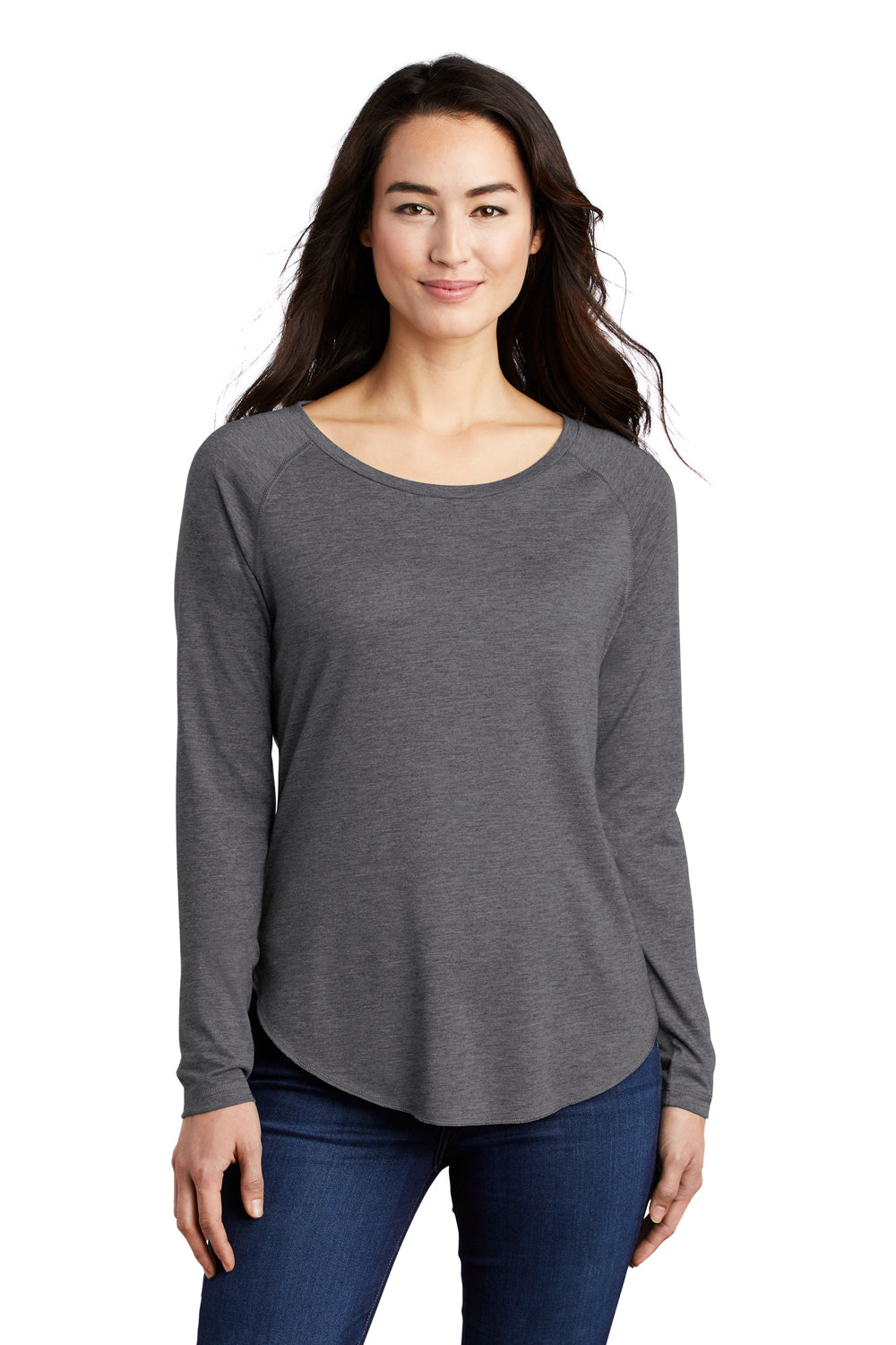 Sport-Tek LST400LS Womens Moisture Wicking Long Sleeve Scoop Neck T-Shirt Heather Dark Grey Model Front