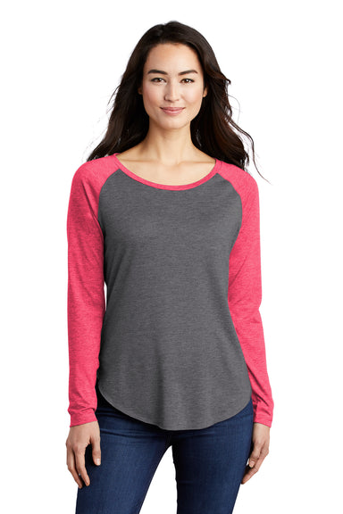 Sport-Tek LST400LS Womens Moisture Wicking Long Sleeve Scoop Neck T-Shirt Heather Dark Grey/Heather Raspberry Pink Model Front