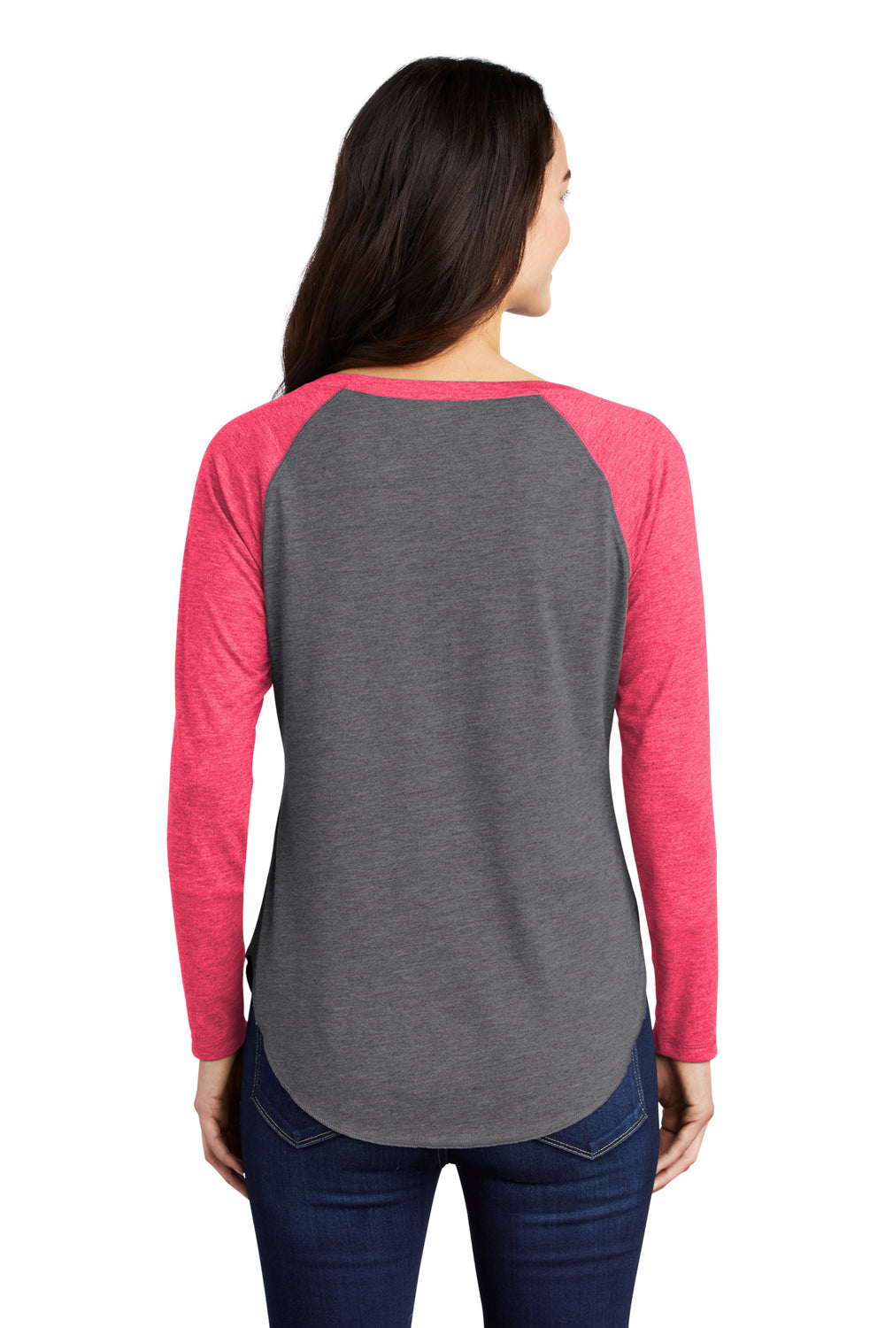 Sport-Tek LST400LS Womens Moisture Wicking Long Sleeve Scoop Neck T-Shirt Heather Dark Grey/Heather Raspberry Pink Model Back