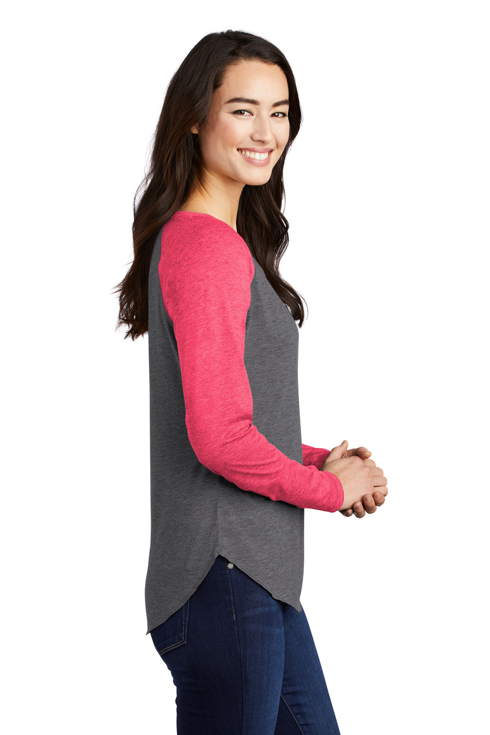 Sport-Tek LST400LS Womens Moisture Wicking Long Sleeve Scoop Neck T-Shirt Heather Dark Grey/Heather Raspberry Pink Model Side