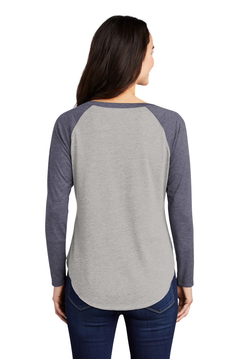 Sport-Tek LST400LS Womens Moisture Wicking Long Sleeve Scoop Neck T-Shirt Heather Light Grey/Heather True Navy Blue Model Back