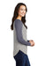 Sport-Tek LST400LS Womens Moisture Wicking Long Sleeve Scoop Neck T-Shirt Heather Light Grey/Heather True Navy Blue Model Side